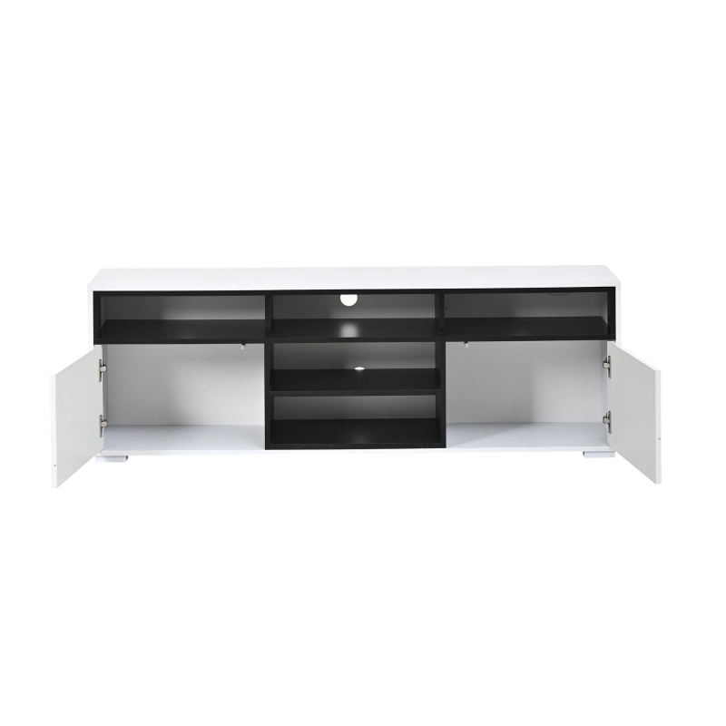Mobile TV LED 65 pollici max salvaspazio con finitura laccata lucida, 150x35x50 cm, Bianco