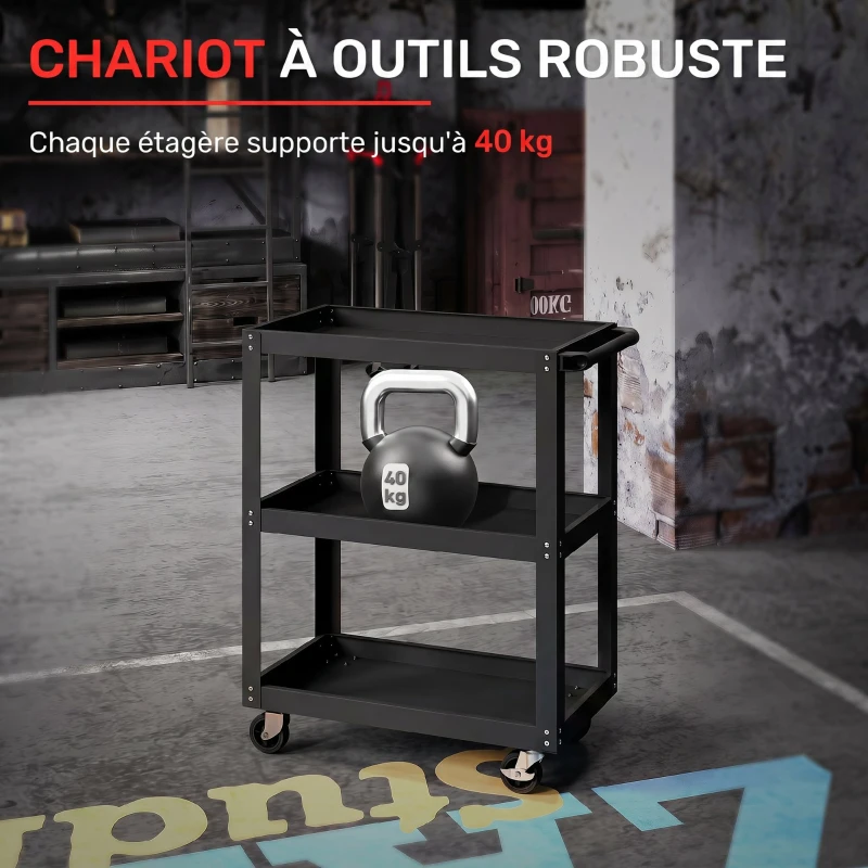 HOMCOM Chariot d'atelier servante atelier à 3 niveaux, poignée latérale et roulettes verrouillables, 70,5x35x82,5cm, noir