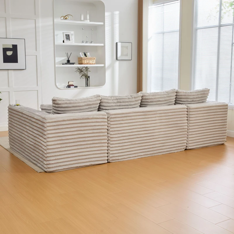 Divano a U in velluto a coste con portabicchieri integrato e tasca laterale, imbottitura a molle, 320x155x88 cm, Grigio chiaro