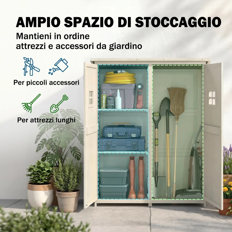 Outsunny Casetta da Giardino Legno con Porta Doppia, Mensole e Finestre, 127.5x50x164cm