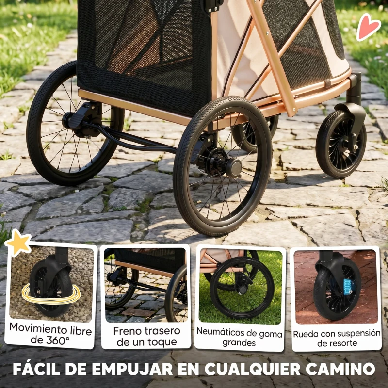 PawHut Carrito para Perros Plegable hasta 20 kg con Ruedas Grandes Suspensión y Freno Ventanas de Malla Cojín Marrón Claro