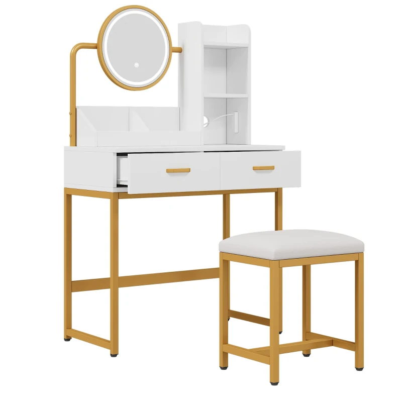 Toeletta trucco moderna con illuminazione a LED, specchio girevole, supporto per asciugacapelli e sgabello, 80x40x138,5 cm, Bianco