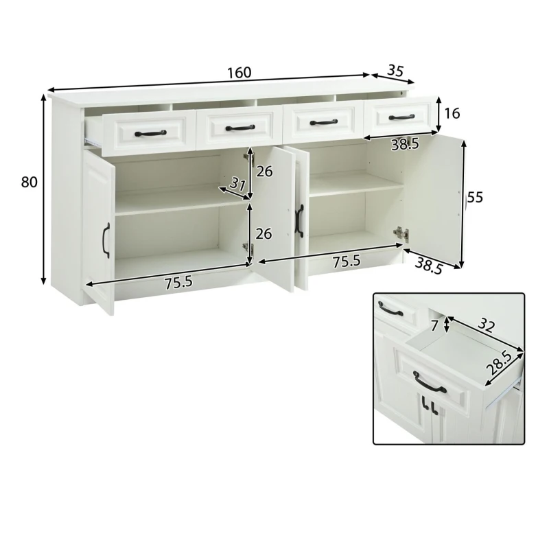 Aparador com 4 gavetas e 4 portas, muito espaço de arrumação e ampla superfície de trabalho, 4 prateleiras, 160x35x80 cm, Branco