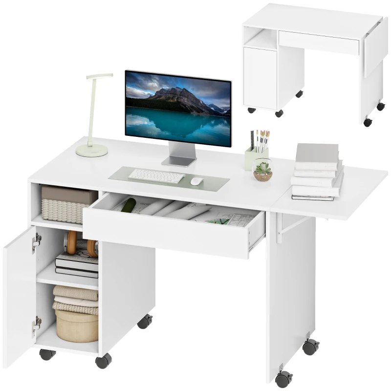 HOMCOM Rollbarer Computertisch, klappbarer Schreibtisch mit Schrank und Schublade, Spanplatte, Weiß
