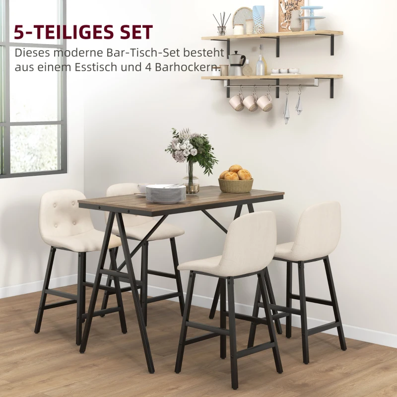 HOMCOM Barset 5-delig, tafel en 4 krukken, knoopversiering, dikke vulling, linnenlook, beige(m-4)