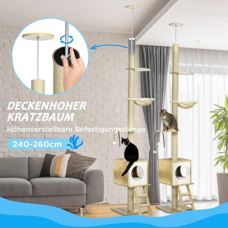 PawHut krabpaal, klimboom plafond hoog, 240-260 cm, kattenkrabpaal, lichtbruin(m-4)