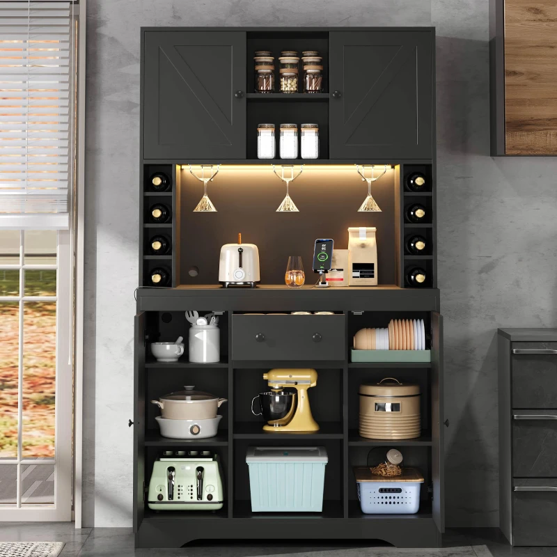 Dispensa da cucina con piano multiuso, ripiani regolabili, ganci in acciaio inox e cantinetta vini, 105x40x180 cm, Nero