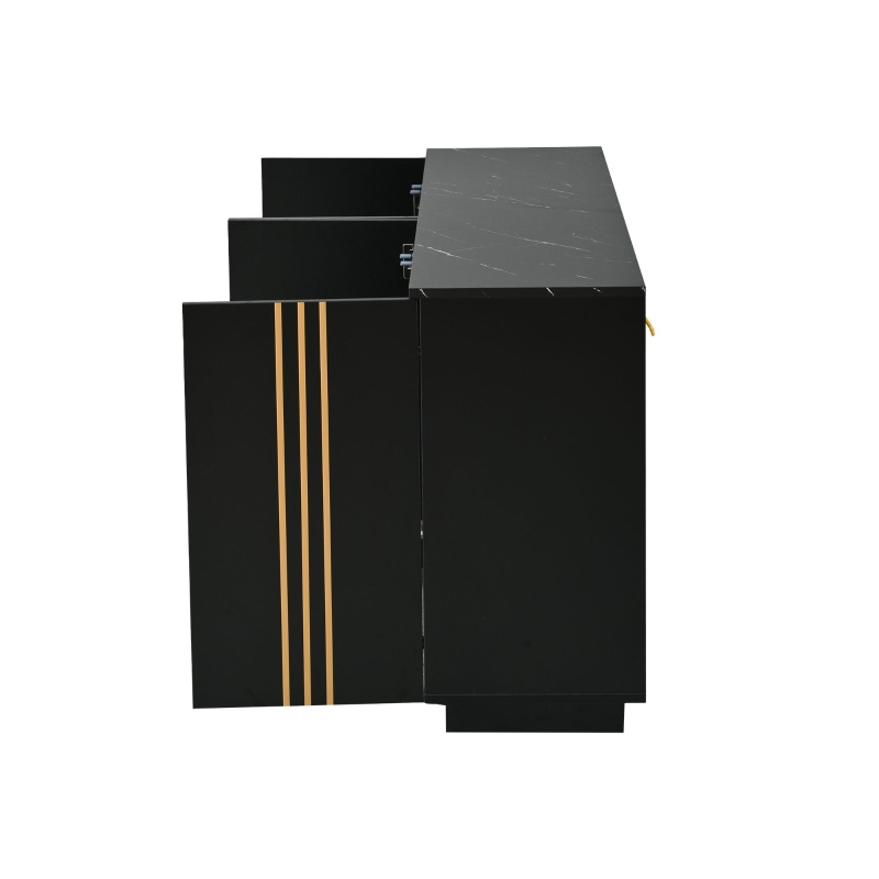 Aparador para sala de estar com 4 portas, elegantes frisos dourados, independente, 35x140x70 cm, Preto