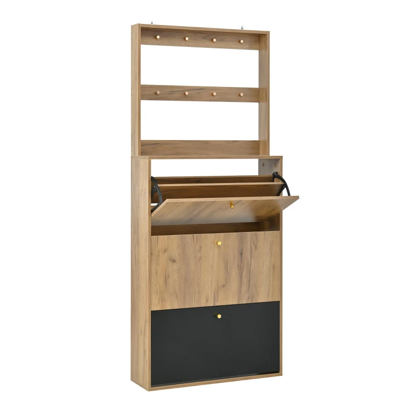 Scarpiera moderna con ganci, ripiani divisori regolabili in altezza e struttura antiribaltamento, 75x24x180 cm, color legno