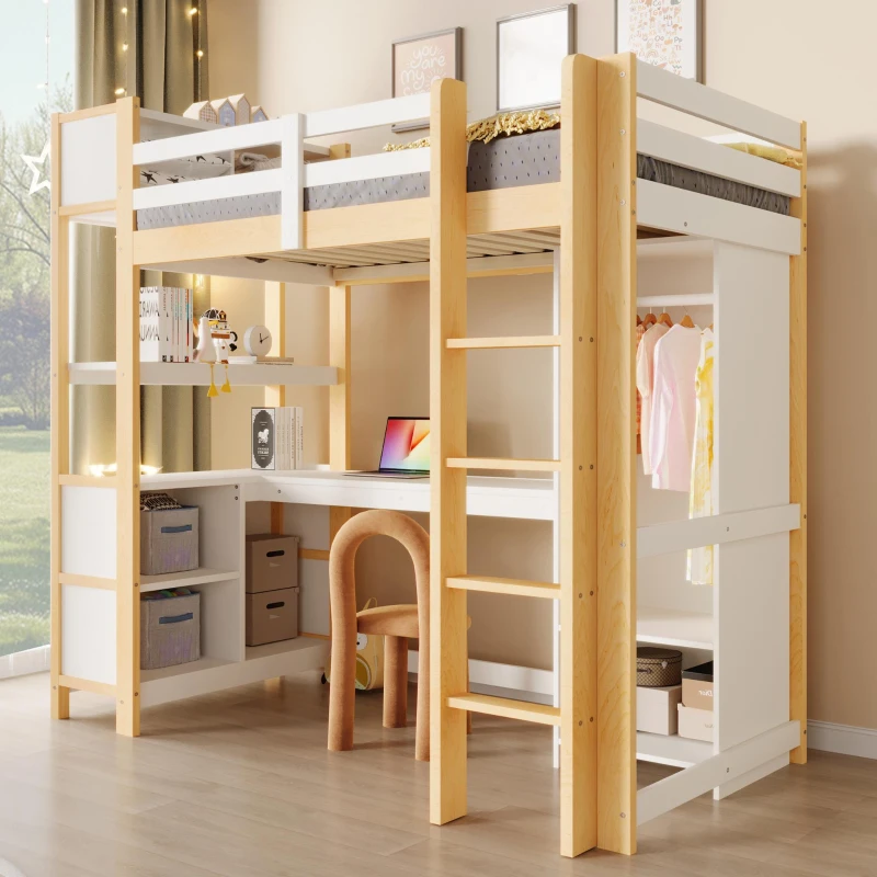 Letto a soppalco per bambini 6+ anni con parapetto di sicurezza, 232.5x100x189.5 cm, Color Legno