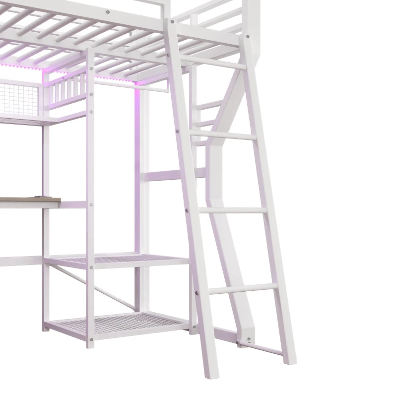 Letto a soppalco per materasso 90x200 cm con scomparti portaoggetti e spazio inferiore LED aperto, 204x131.5x180 cm, Bianco