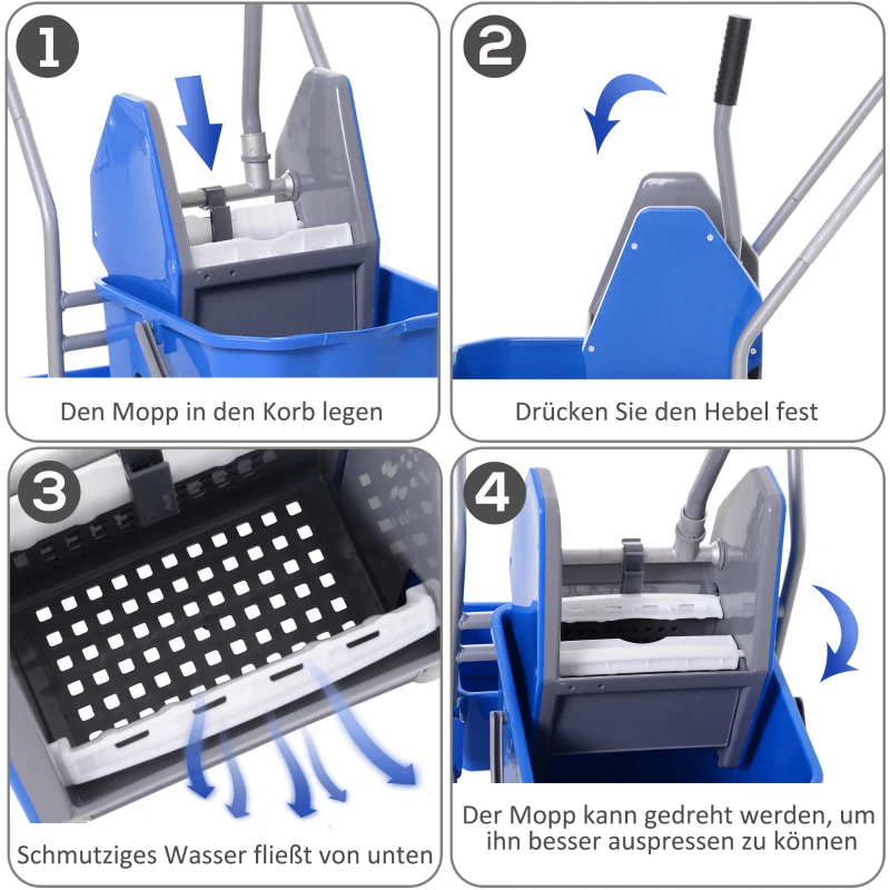 HOMCOM Schoonmaakwagen, Mopwagen, 25L Capaciteit, 4 Wielen, Kunststof, Blauw
