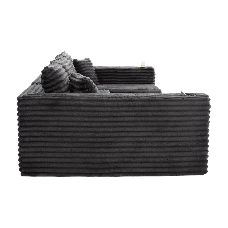 Divano a U in velluto a coste con portabicchieri integrato e tasca laterale, imbottitura a molle, 320x155x88 cm, Grigio scuro