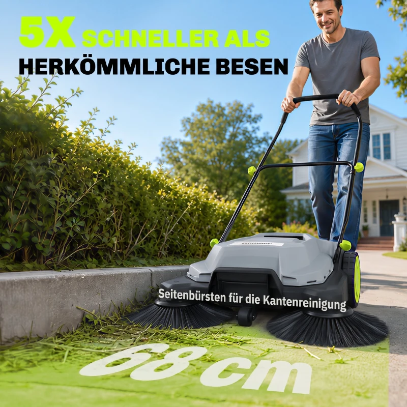 Outsunny ehrmaschine manuell mit 68 cm Kehrbreite, 24 L Schmutzbehälter, Höhenverstellbar klappbar Griff 3-Bürsten-Kehrsystem