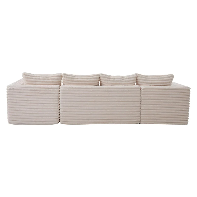 Divano a U in velluto a coste con portabicchieri integrato e tasca laterale, imbottitura a molle, 320x155x88 cm, Beige