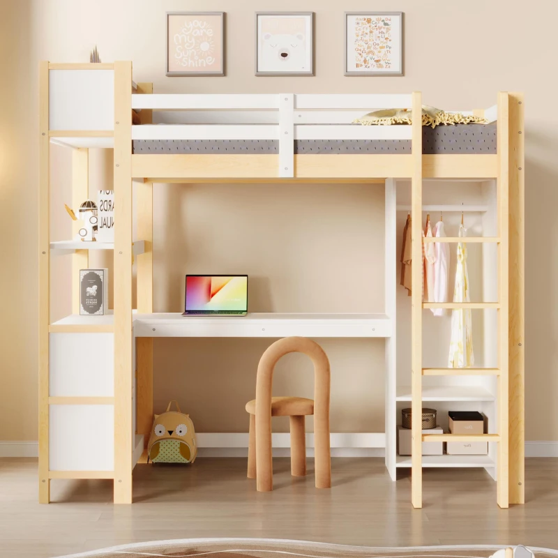 Cama alta 90x200 cm, grade de segurança para crianças a partir dos 6 anos, sem colchão, 232,5x100x189,5 cm, Cor natural