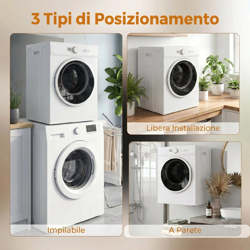 HOMCOM Mini Asciugatrice da 3kg, 1020W con Riscaldamento PTC e Timer, 49x47x70 cm, Bianco
