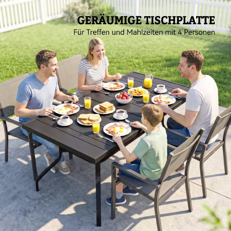 Outsunny Gartentisch 152x90 cm, Wetterfest Balkontisch aus Stahl, Beistelltisch mit Schirmloch, Latten-Design Schwarz