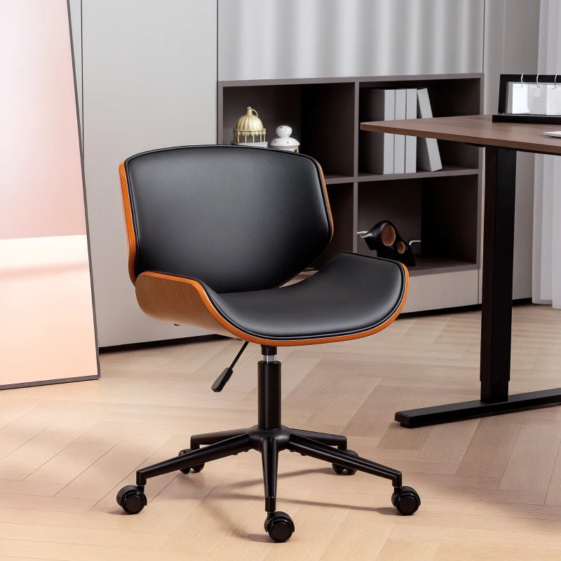 HOMCOM Sedia Scrivania Girevole in Pelle PU, Senza Braccioli con Altezza Regolabile, Stile Moderno di Metà Secolo, Nero