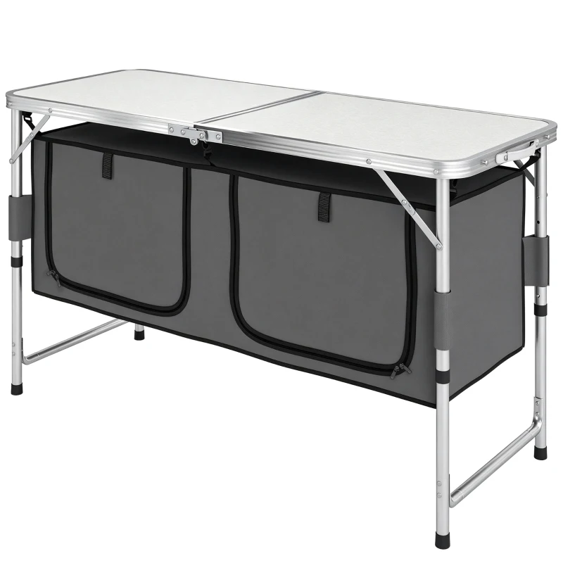 Outsunny Tavolino da Campeggio Picnic con Base per Cibi e Bevande Altezza Regolabile Pieghevole Alluminio, Legno 120x47x55/62/68cm