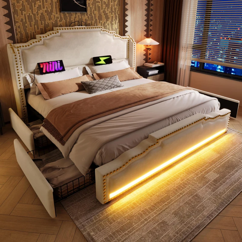 Cama estofada 180×200, cama com 4 gavetas de arrumação, iluminação LED ambiente integrada, 214x189x120 cm, Bege