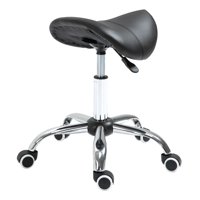 HOMCOM Scaun Taburet Rotativ cu Șa, Roți și Înălțime Reglabilă pentru Estetiști și Tatuatori, 52 x 53 x 49-61 cm, Negru