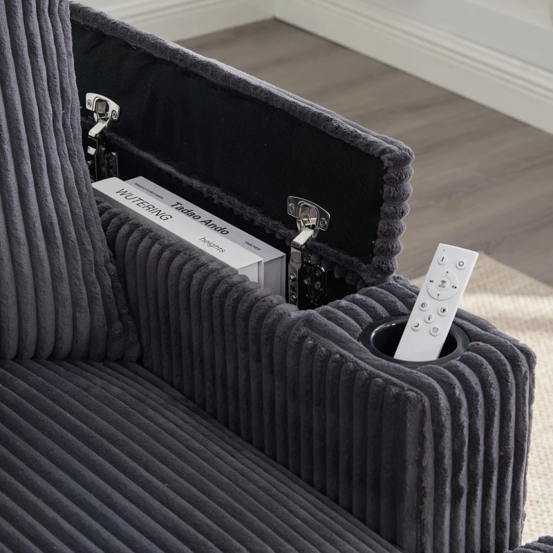 Chaise-longue multifuncional em veludo cotelê, porta-copos em ambos os lados e apoio de braço rebatível, 129x170x70 cm, Cinzento escuro