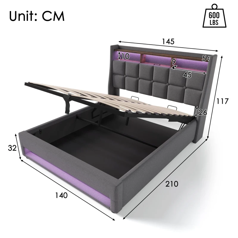 Letto imbottito 140x200 cm con materasso, leva a gas con vano contenitore, rete a doghe in metallo e testiera imbottita effetto lino, 210x145x117 cm, Grigio