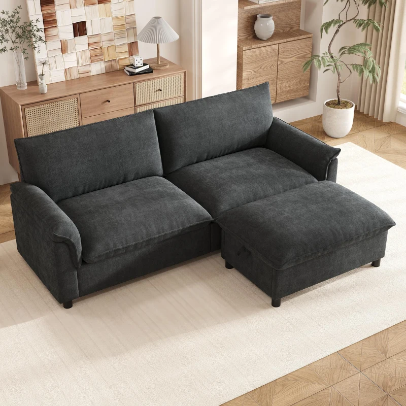 Divano angolare modulare con pouf poggiapiedi flessibile e vano portaoggetti nascosto, 216x77x82 cm, Nero