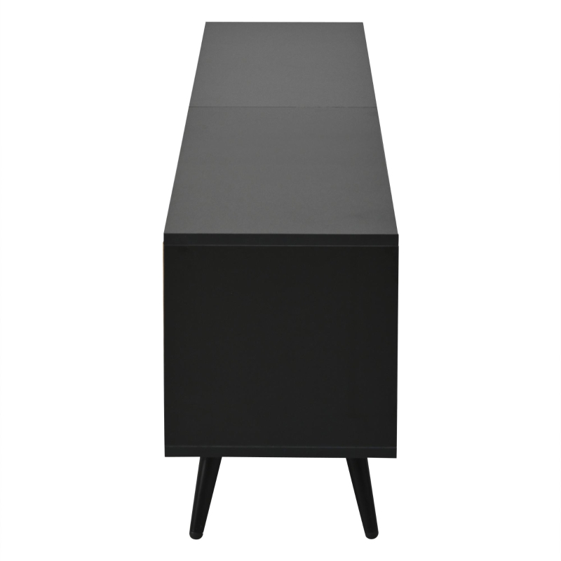 Meuble TV bas LED, convient pour 75 pouces, grand espace de rangement, 175x31x43,5 cm, Couleur naturelle+Noir