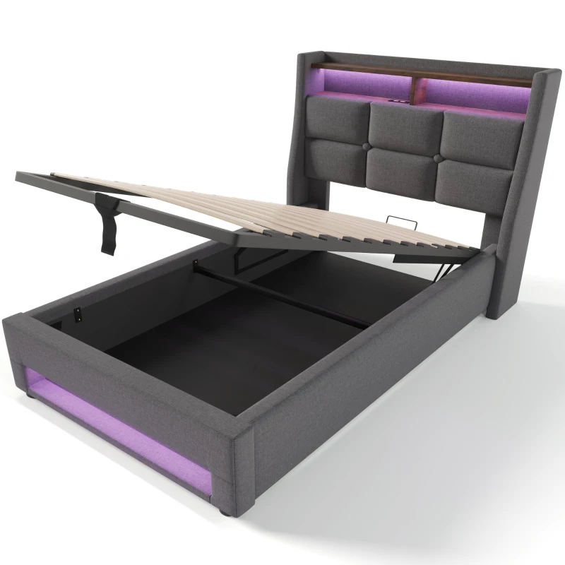 Letto contenitore imbottito con leva a gas e rete a doghe in metallo, rivestimento effetto lino, 210x95x117 cm, Grigio