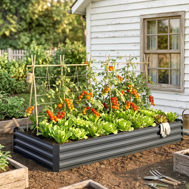 Outsunny Carré potager de jardin rectangulaire jardinière extérieure 241 x 90 x 30 cm tôle d'acier ondulée gris
