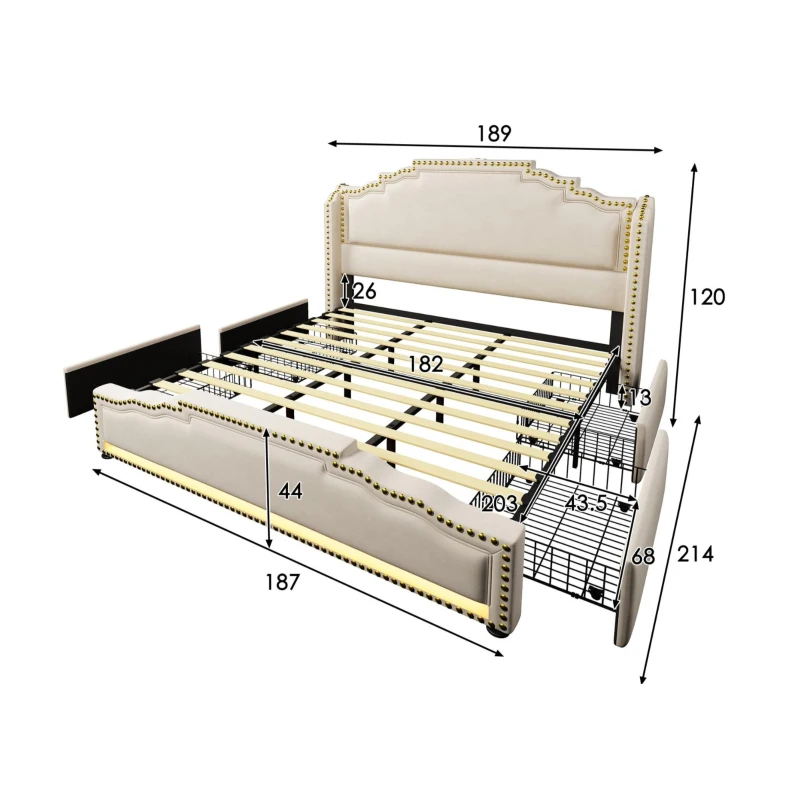 Cama estofada 180×200, cama com 4 gavetas de arrumação, iluminação LED ambiente integrada, 214x189x120 cm, Bege