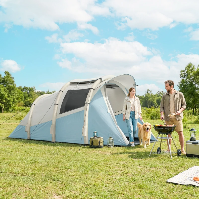 Outsunny Inflatable Camping Tent w/ Air Pump, Easy Setup 2-3 Person Blow Up Tent, Light Blue