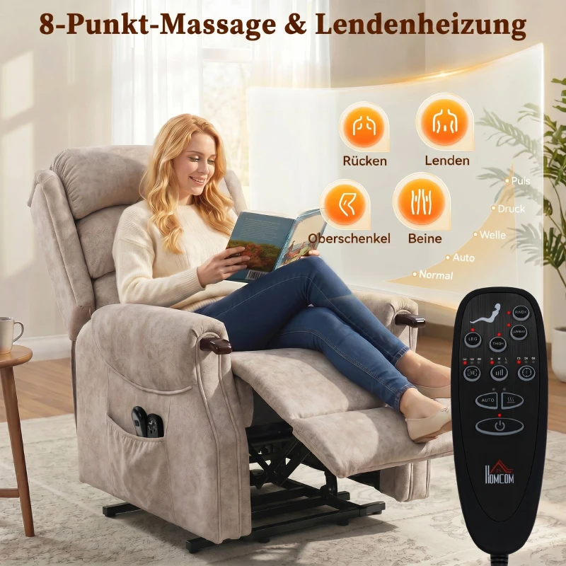 HOMCOM Fernsehsessel mit Aufstehhilfe Elektrisch Relaxsessel mit Vibrationsmassage, Wärme und Liegefunktion, Hellgrau