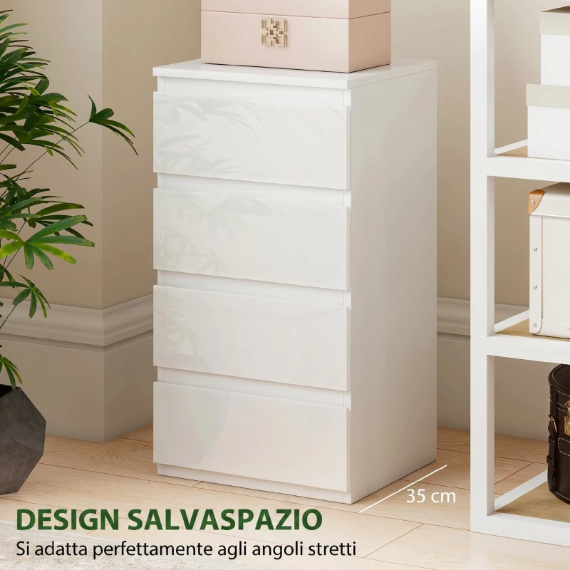 HOMCOM Cassettiera 4 cassetti Salvaspazio in Legno, 40x35x74 cm, Bianco Lucido