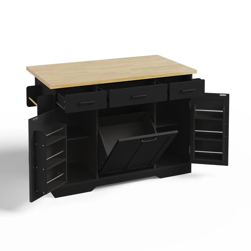 Ilha de cozinha móvel com tampo rebatível, rodízios com travão 360°, para 2–4 pessoas, 120x70x87 cm, Preto
