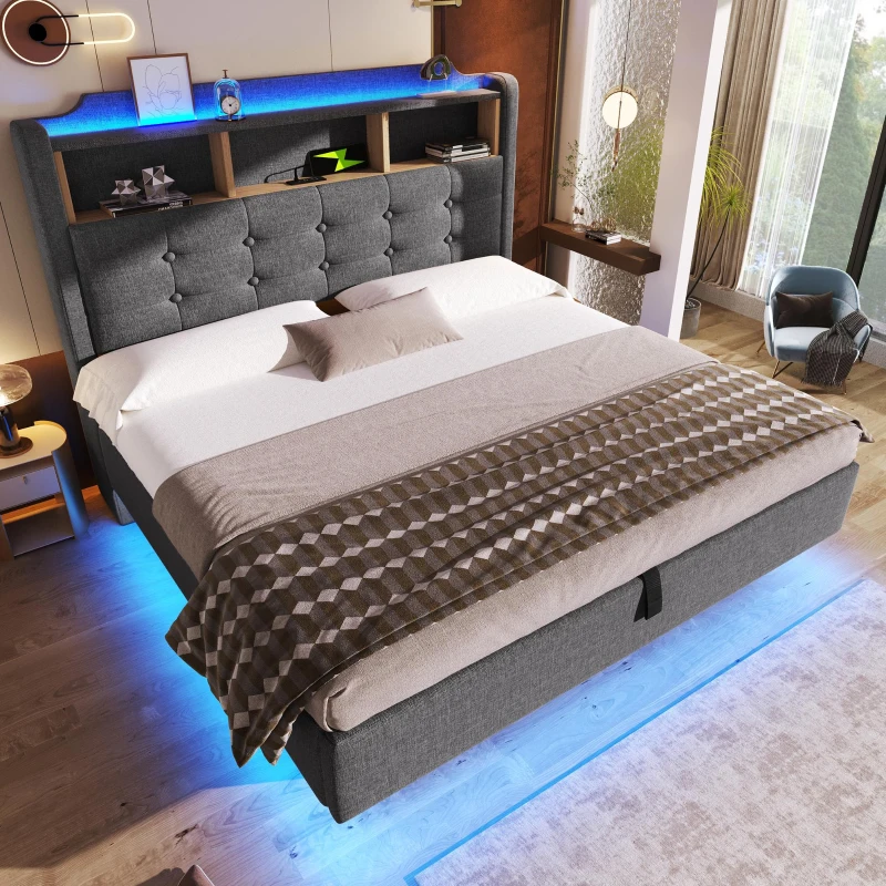Cama estofada 140 × 200 cm, iluminação LED, design flutuante, sem colchão, 217x141x110 cm, Cinzento