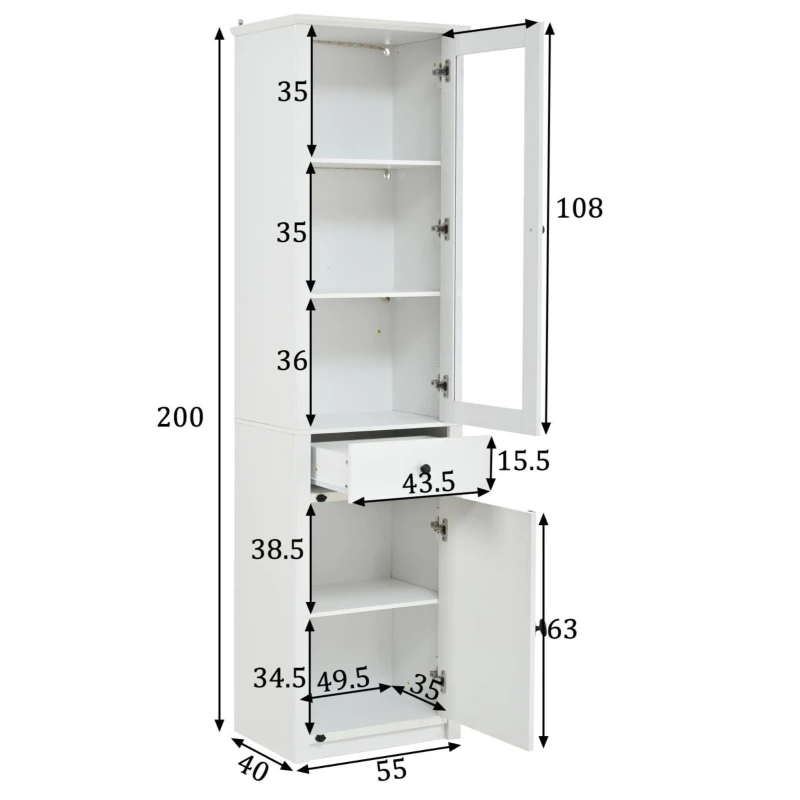 Vitrine alta com iluminação LED, grande espaço de arrumação com 3 prateleiras de vidro, 1 gaveta e 2 portas, 55x40x200 cm, Branco