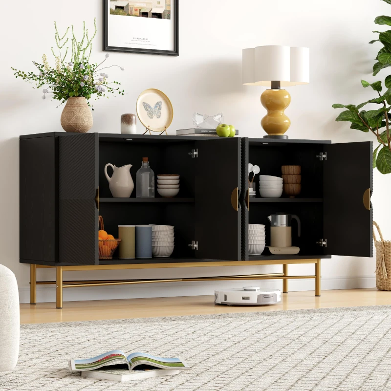Credenza buffet a 4 ante per soggiorno e cucina con pannelli scanalati, 160x40x82 cm, Nero