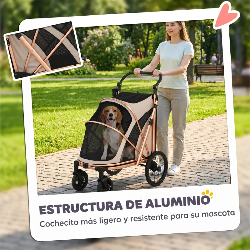 PawHut Carrito para Perros Plegable hasta 20 kg con Ruedas Grandes Suspensión y Freno Ventanas de Malla Cojín Marrón Claro