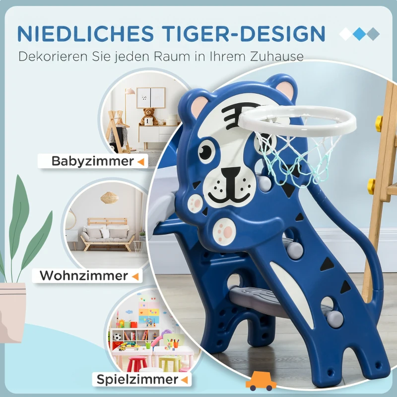 AIYAPLAY 3-in-1 kinderglijbaan met klimrek en basketbalring, cartoonontwerp voor kinderen van 18-36 maanden, blauw