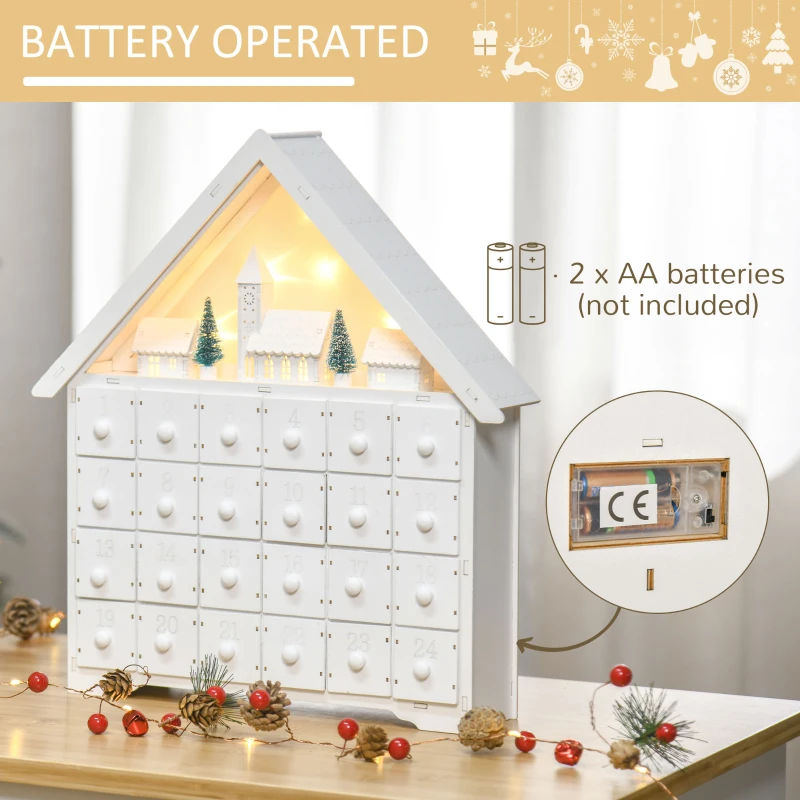 HOMCOM Adventskalender Weichnachtsdekoration Weihnachtsdeko, 24 Schubladen, LED-Lichter, 39 cm x 9 cm x 42 cm, Weiß + Grün