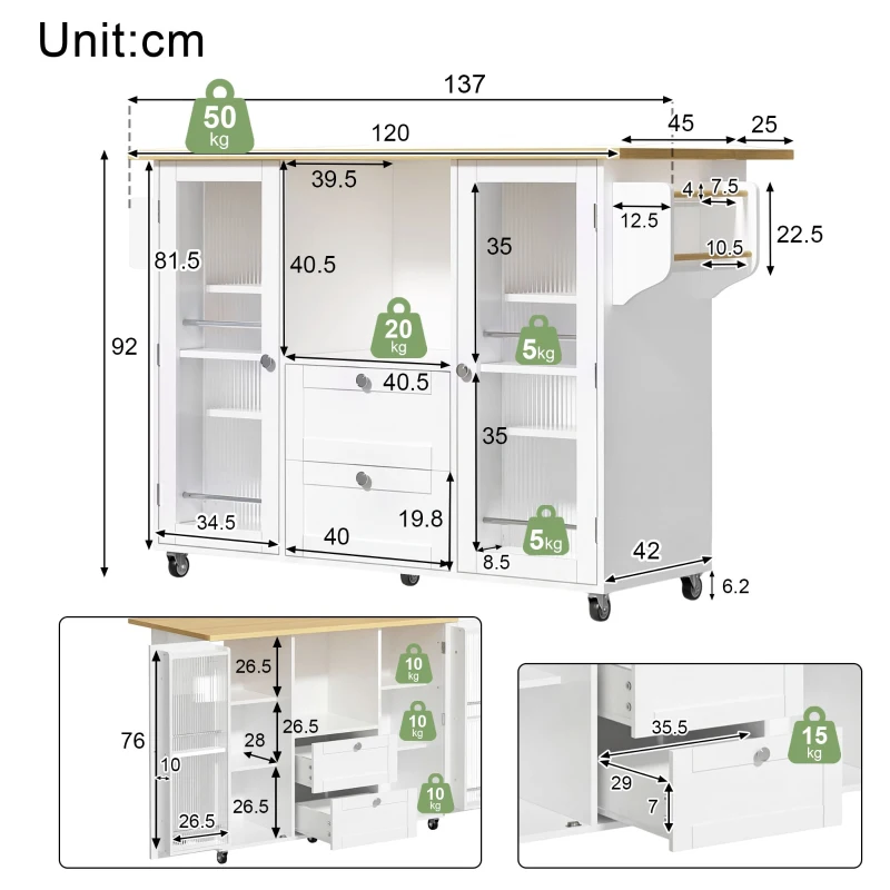 Isola da cucina su ruote con piano di lavoro ribaltabile, protezione antiribaltamento e ruote bloccabili a 360°, 120x45P(70) x 92 cm, Bianco