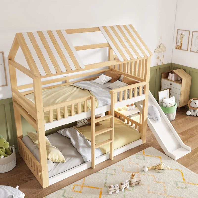 Beliche estilo cabana para crianças com telhado a duas águas, guarda‑corpo no estilo cerca de madeira, para colchões 90x200 cm, sem colchões, 247x171x220 cm, Branco