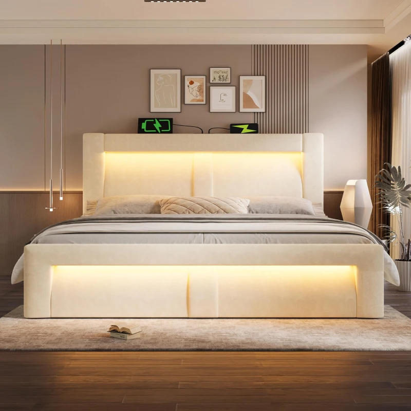 Cama doble 140x200 cm con elevador hidráulico, cabecero tapizado en terciopelo con diseño curvo, sin colchón, 217x143x107 cm, Beige