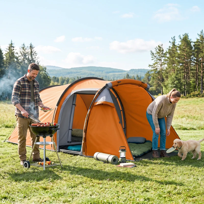 Outsunny 2 Man Tunnel Tent with Sewn-in Groundsheet, Air Vents, Rainfly, 2000mm Large Camping Tent with Bedroom, Porch, Living Area for Camping, Hiking, 426L x 206W x 154H cm, Orange