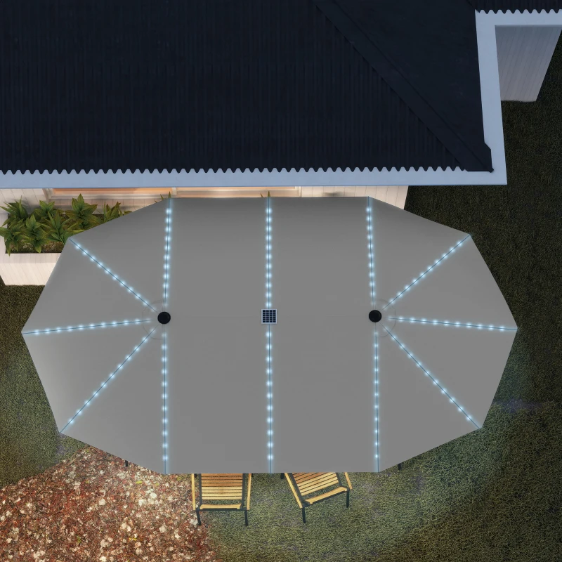 Outsunny Dubbele parasol met zonne-lichtjes, aluminium, polyester, UPF50+ bescherming, UV-bestendig, terrasparasol, donkergrijs(m-8)