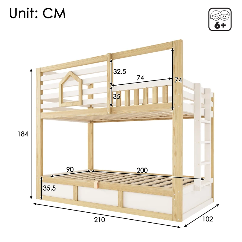 Cama beliche infantil estilo cabana, 2 lugares de dormir de 90×200 cm cada, sem colchão, 210x102x184 cm, Cor natural