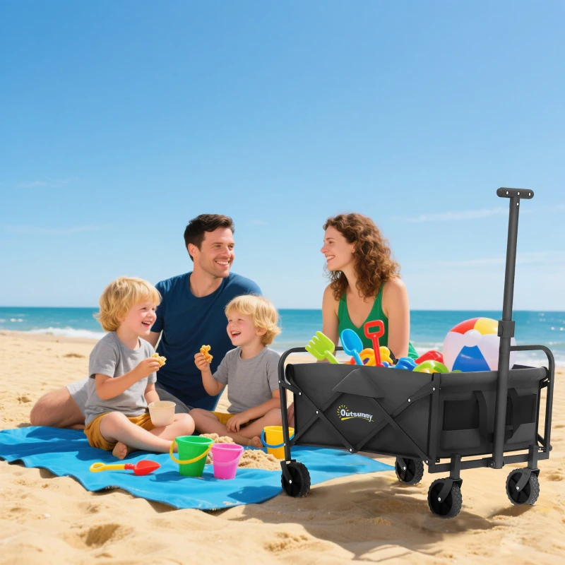 Outsunny 93L Festival Trolley on Wheels, Garden Folding Trolley Cart, 120kg Heavy Duty Collapsible Folding Wagon with Adjustable Handle and Carrying Bag for Beach, Camping, Festival, Black
